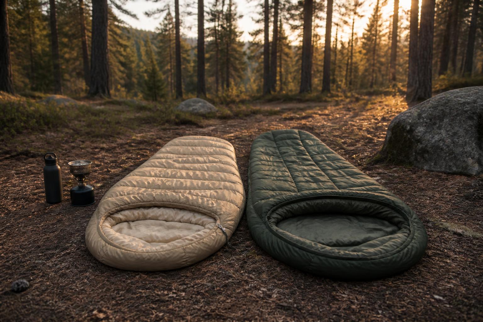 Deux sacs de couchage côte à côte en forêt : un modèle en duvet beige et un modèle synthétique vert, montrant la différence de volume et d'aspect