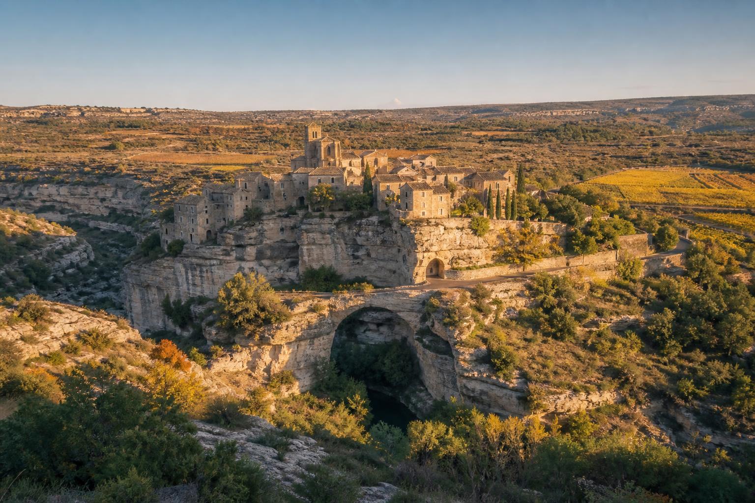 Le village de Minerve perché sur son éperon calcaire au-dessus des gorges de la Cesse, dans la lumière dorée de fin d'après-midi