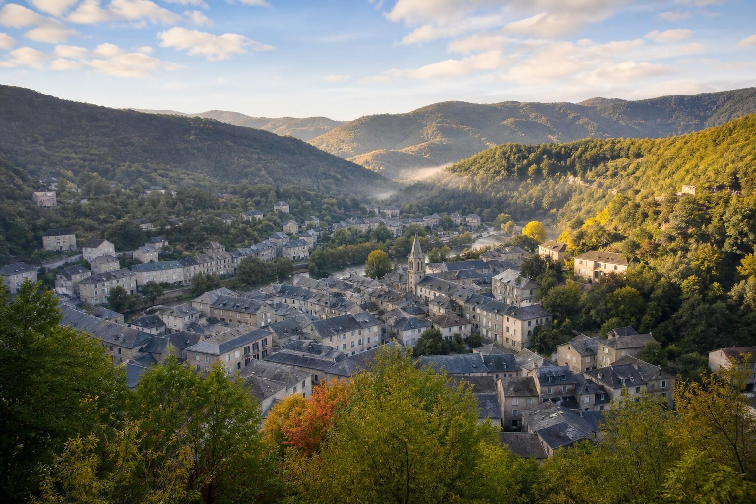 Vue sur les toits de schiste de Saint-Jean-du-Gard en contrebas, vallée du Gardon en automne naissant, forêts de châtaigniers sur les pentes