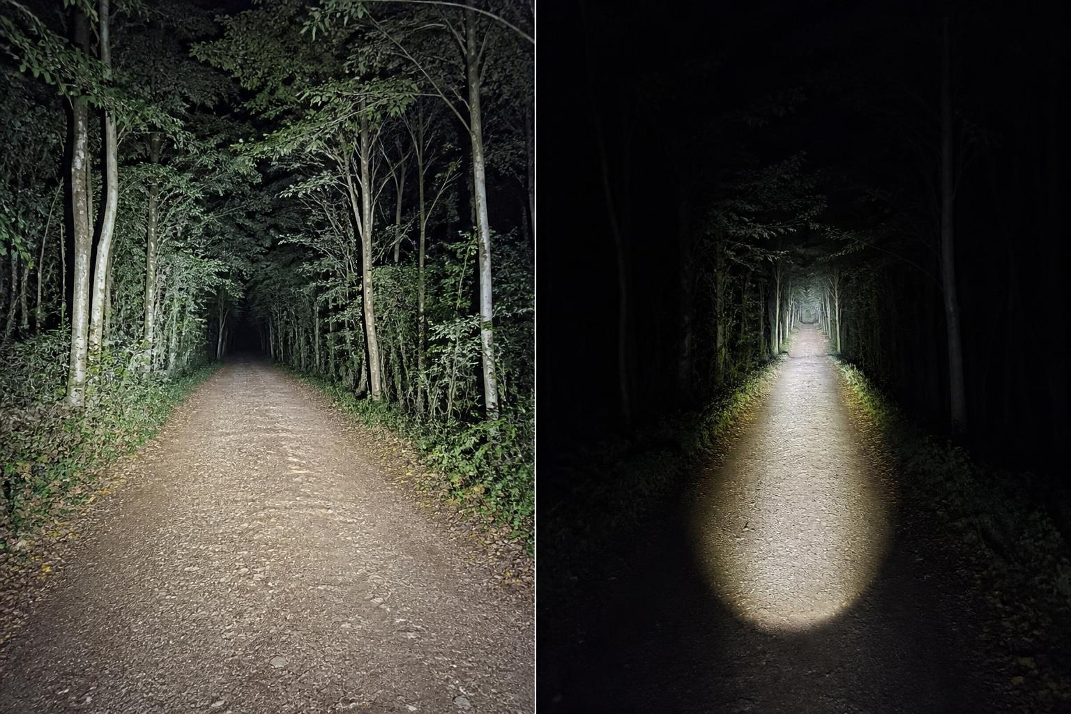Comparaison de deux faisceaux de lampe frontale sur un sentier forestier de nuit : à gauche un faisceau large qui éclaire tout le chemin, à droite un faisceau focalisé qui perce loin dans une zone étroite