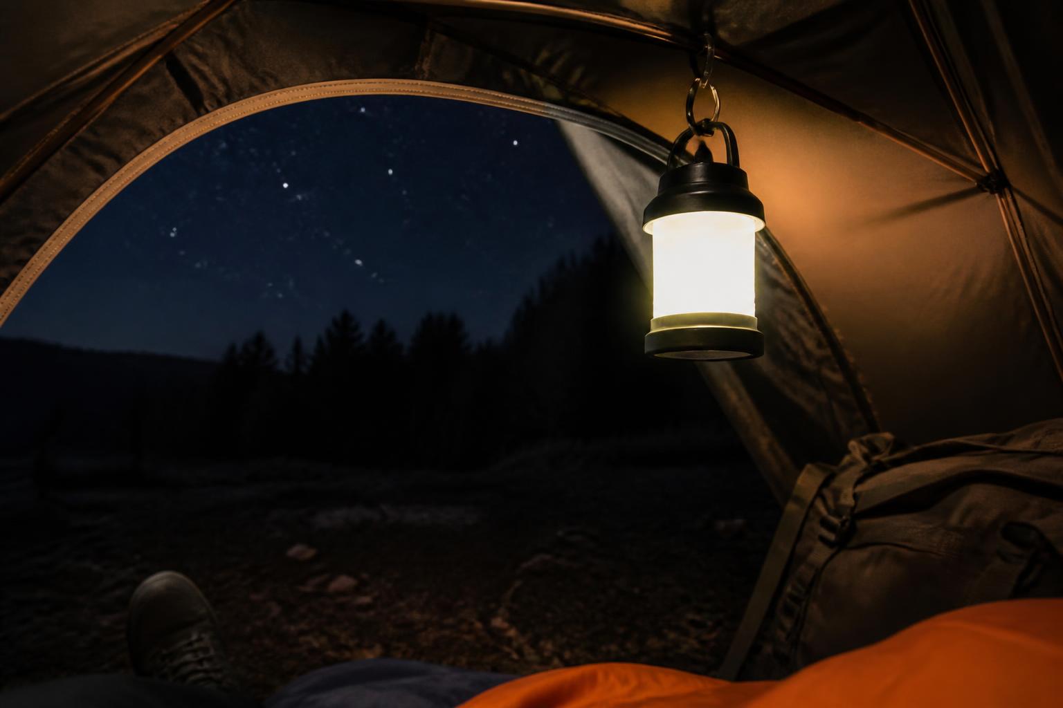 Lanterne LED suspendue à l'intérieur d'une tente de randonnée, diffusant une lumière chaude sur le campement au crépuscule