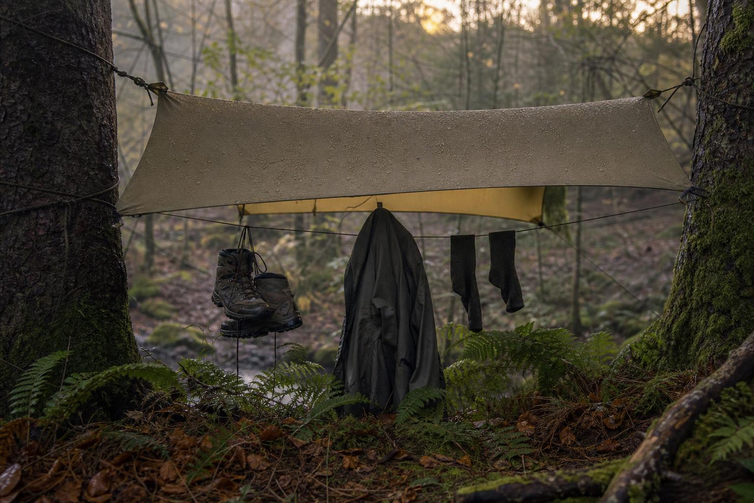 Tarp kaki monté en auvent incliné entre deux arbres, avec des chaussures, une veste et des chaussettes suspendues à une corde pour sécher