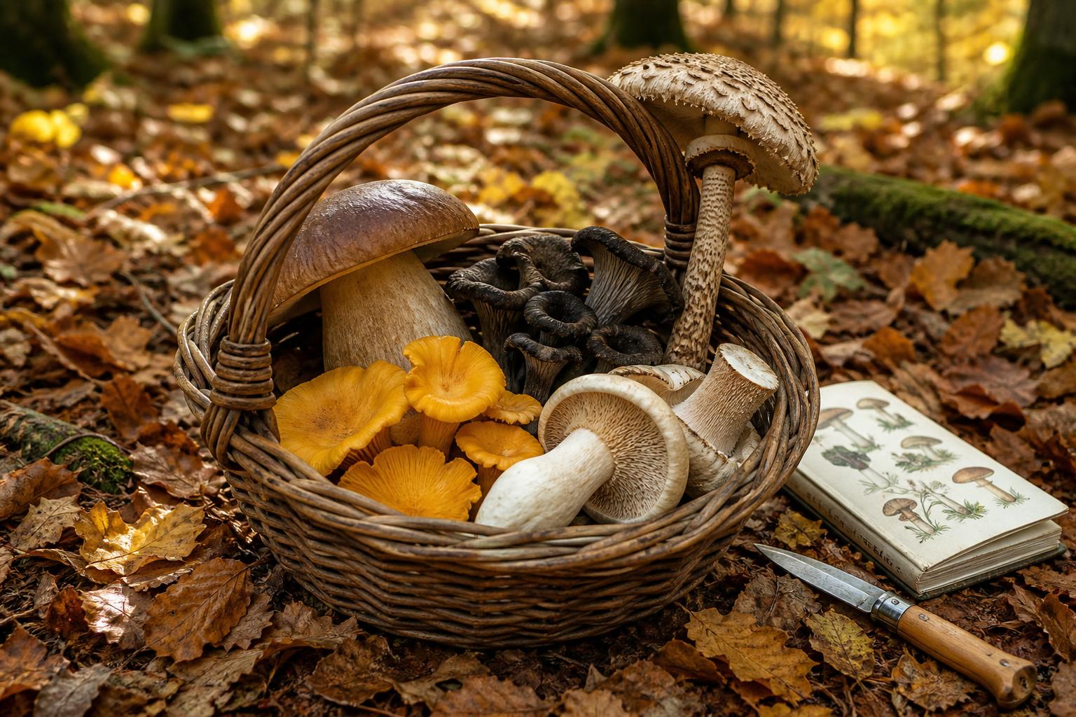 Panier de champignons avec cèpe, girolles, trompettes de la mort, pieds-de-mouton et coulemelle sur un lit de feuilles mortes en forêt automnale