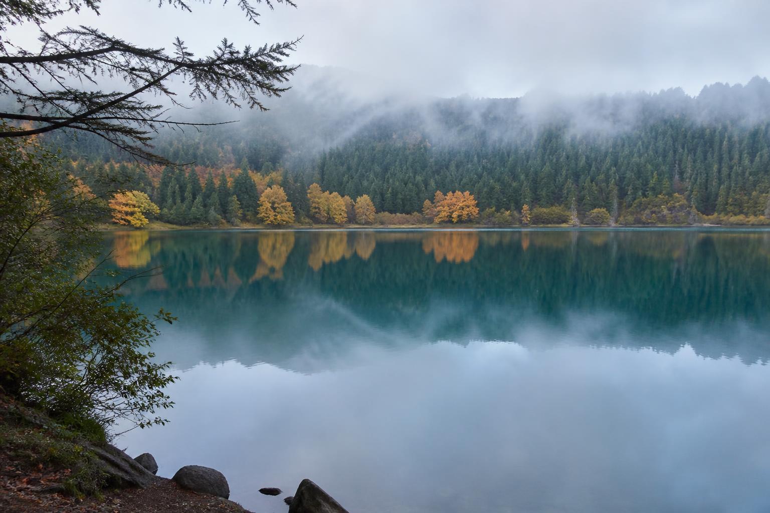 Le lac du Bouchet vu depuis la rive boisée de sapins, eau bleu turquoise parfaitement ronde dans son cratère volcanique, quelques arbres aux feuilles jaunes d'octobre