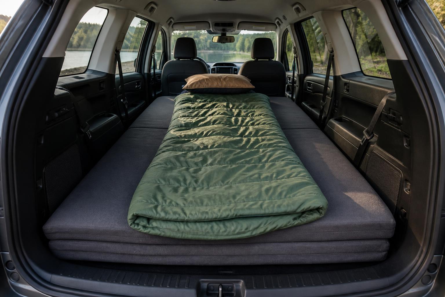 Matelas en mousse découpé sur mesure installé dans le coffre d'un break aménagé