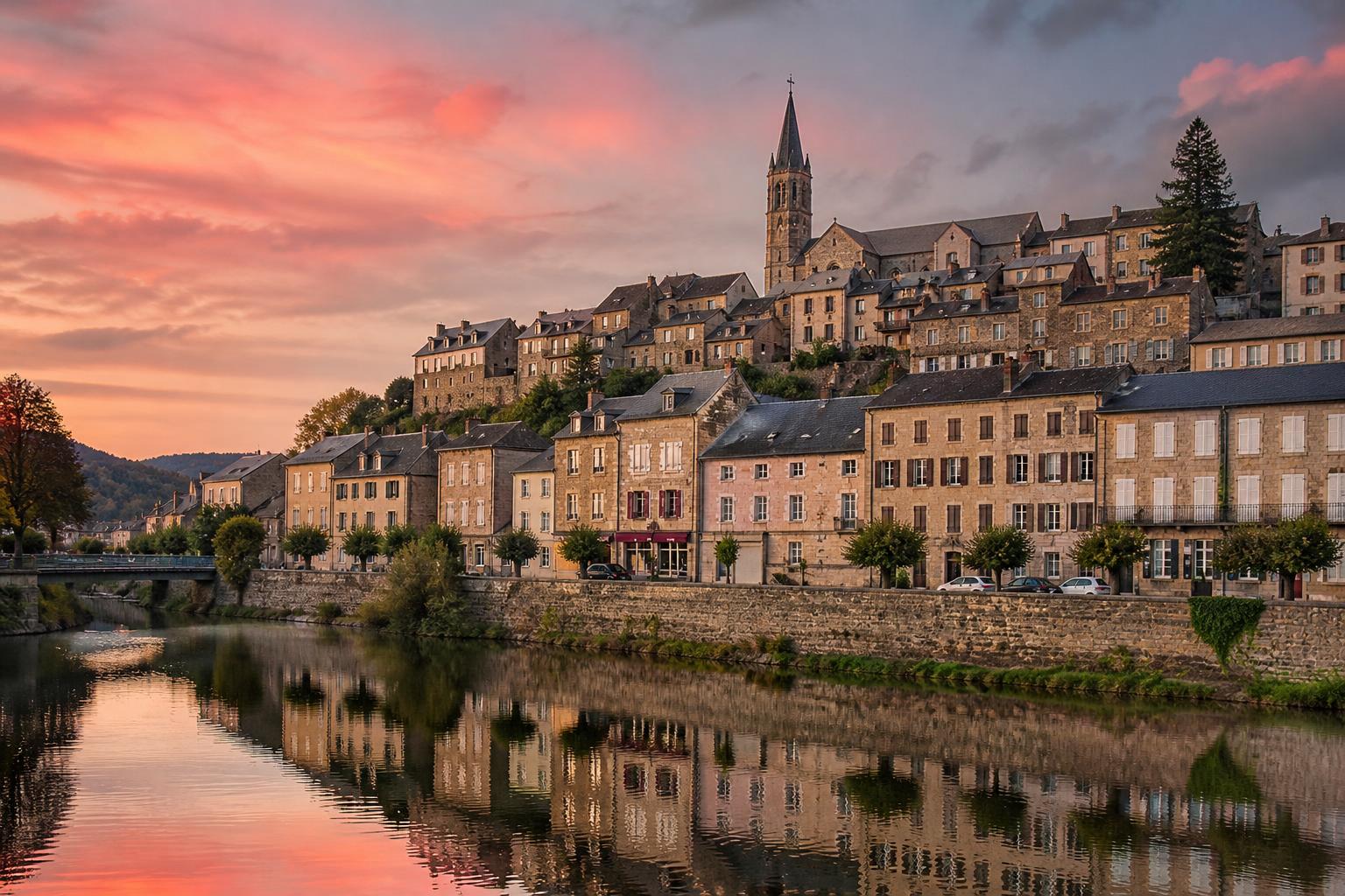 Vue crépusculaire de Langogne au bord du Langouyrou, maisons ocre et toits d'ardoise étagés en gradins sur la colline, ciel rose et gris de fin de journée d'octobre