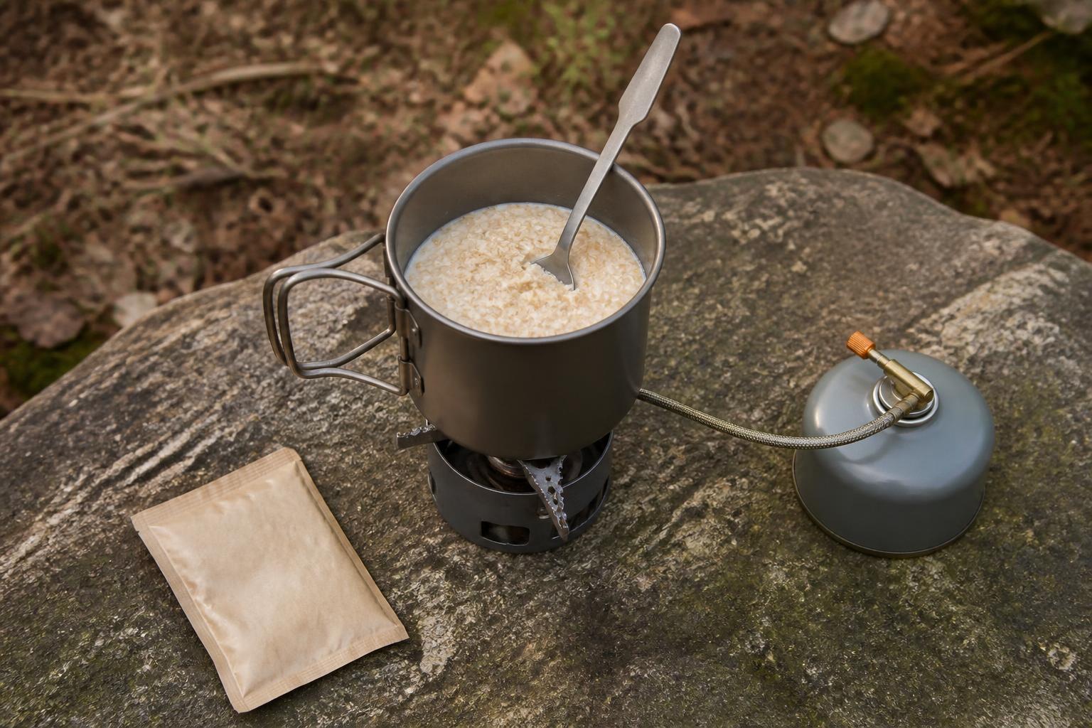 Un mug en titane posé sur un rocher, contenant un porridge fumant avec une cuillère, à côté d'un sachet de café soluble et d'une petite cartouche de gaz