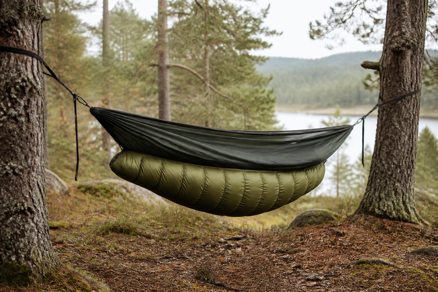 Hamac installé entre deux arbres avec un underquilt suspendu en dessous, formant une couche isolante visible