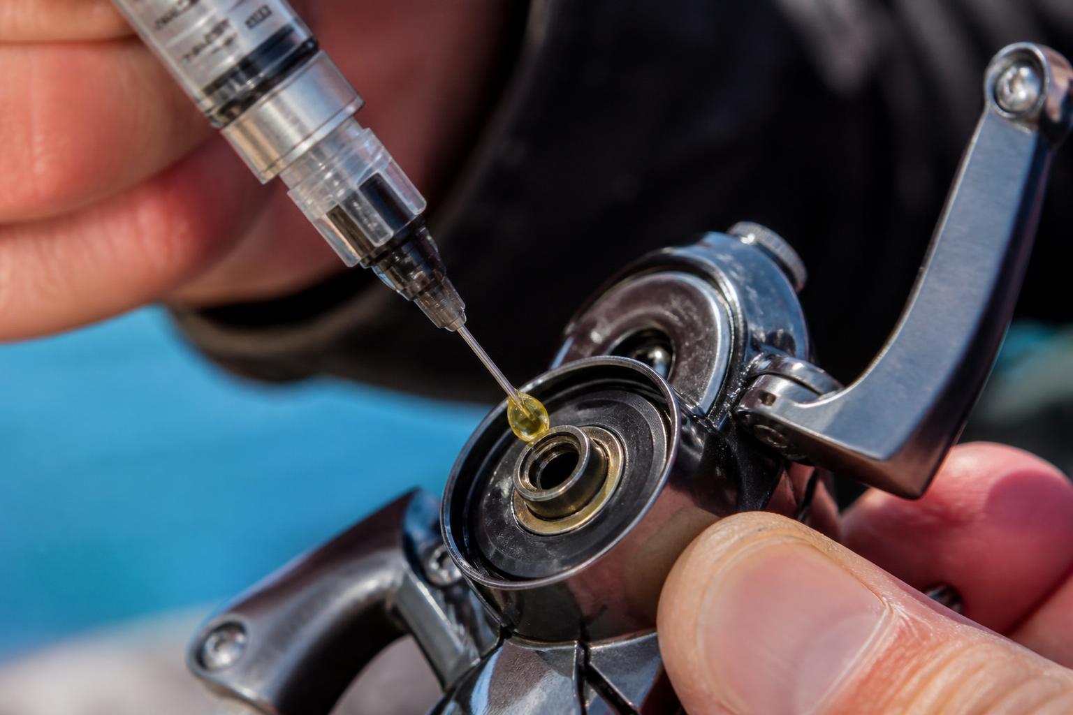 Application d'une goutte d'huile de précision sur le galet d'un moulinet spinning