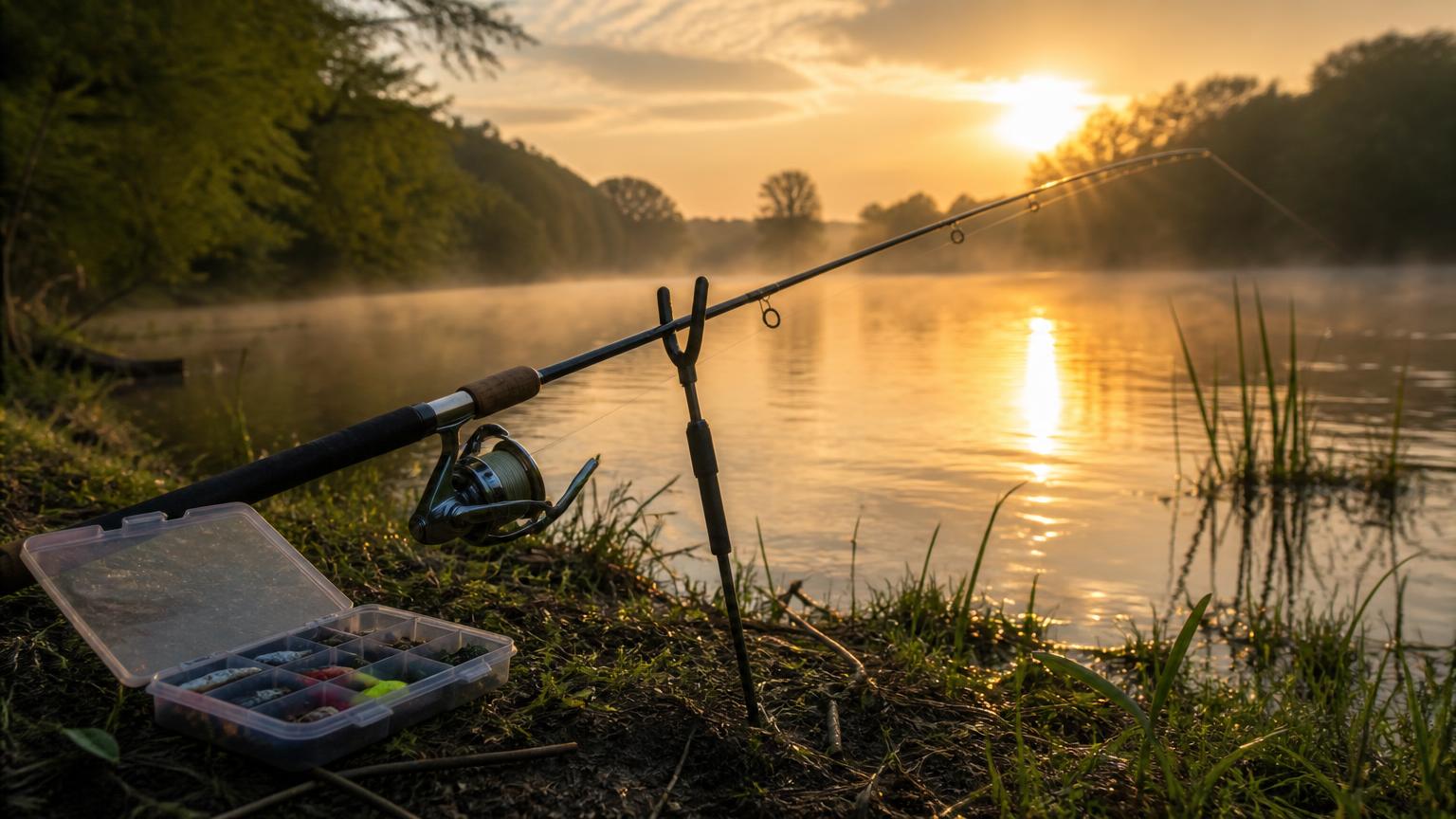 Canne à pêche au bord du lac brumeux au lever du soleil