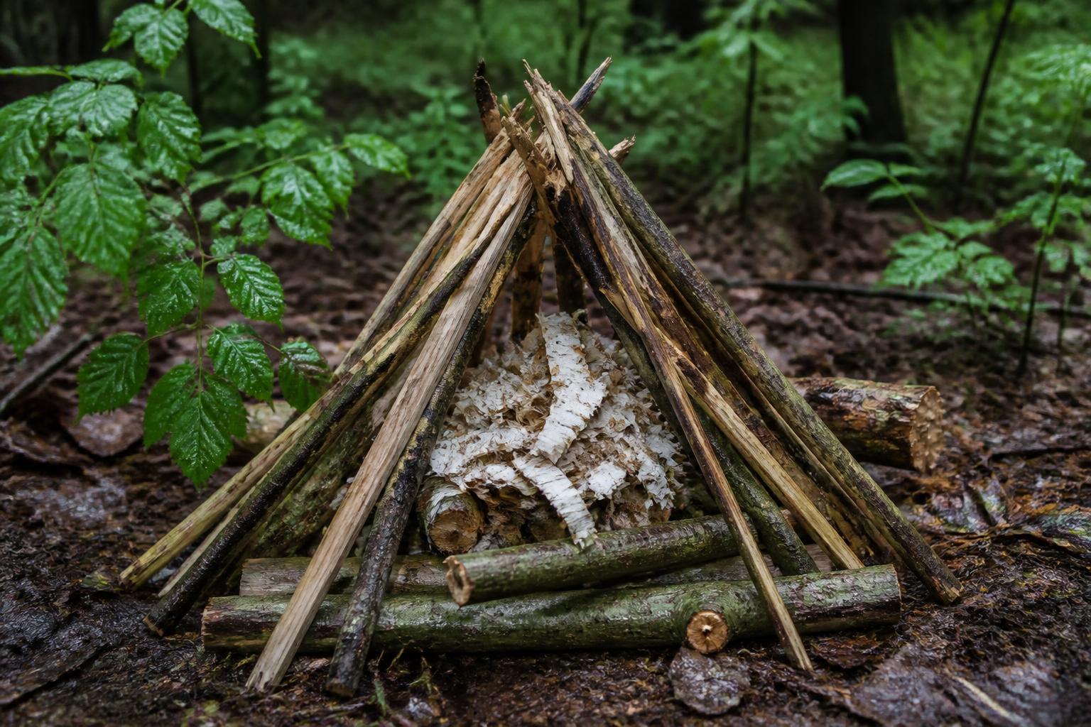 Structure de feu en tipi montée sur une plateforme de bois vert, avec des brindilles sèches et de l'écorce de bouleau au centre