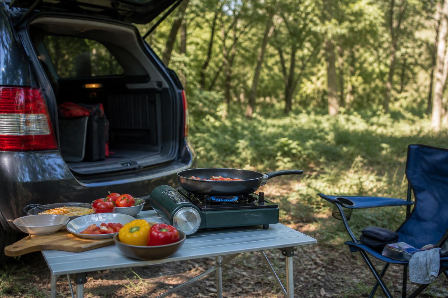 Un réchaud de camping sur une table pliante à côté d'une voiture hayon ouvert, avec des légumes frais et une poêle, dans une clairière forestière