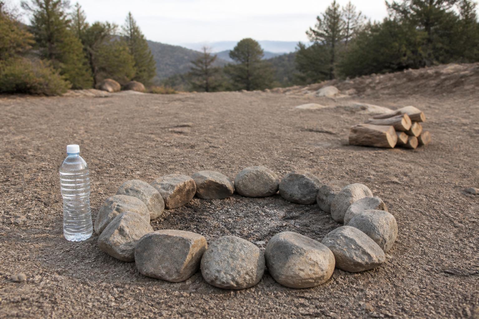 Foyer de bivouac correctement préparé : cercle de pierres sur sol minéral dégagé, bouteille d'eau à proximité, bois sec rangé à distance