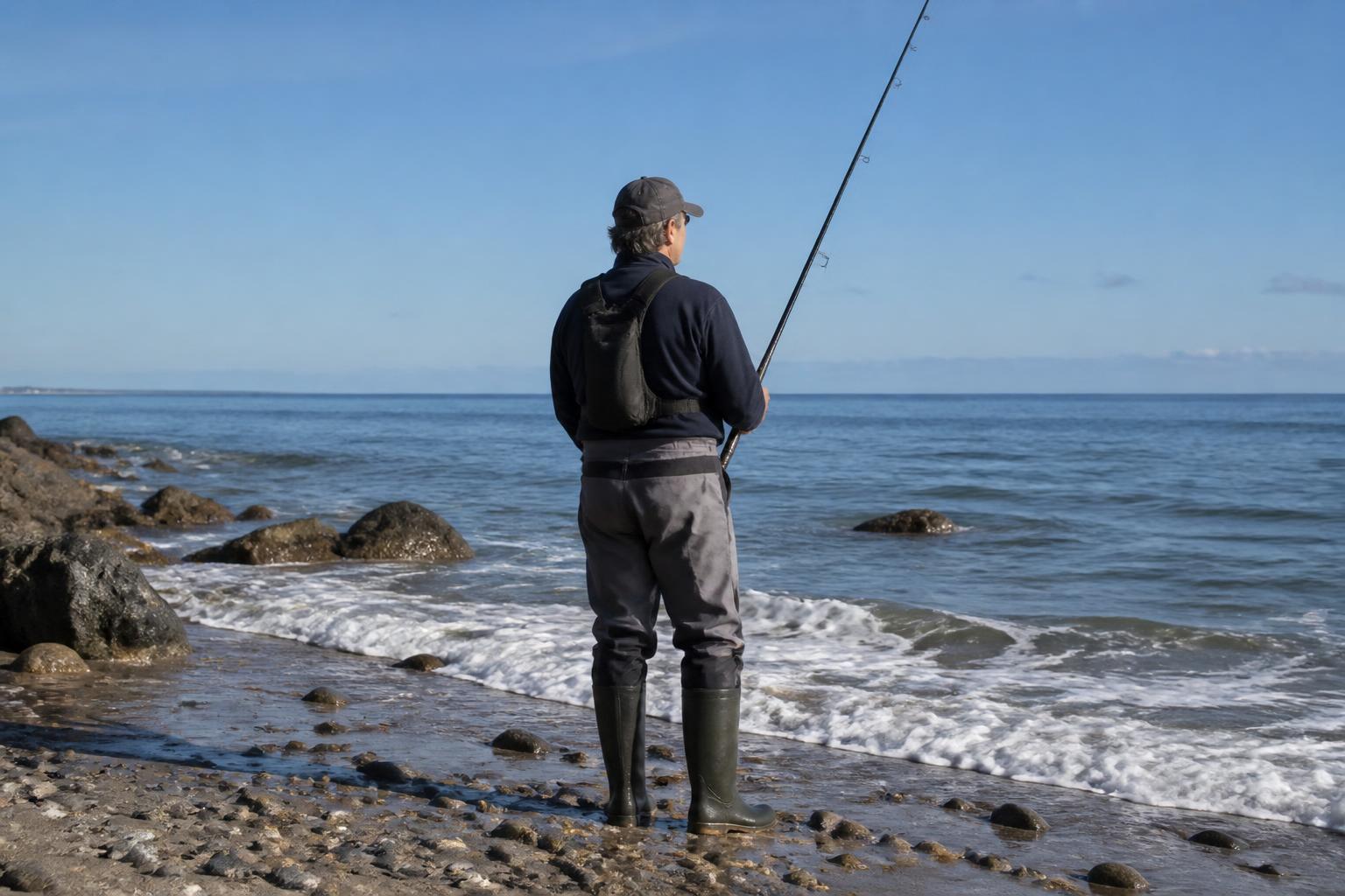 Pêcheur du bord à la marée montante, canne en main face aux vagues