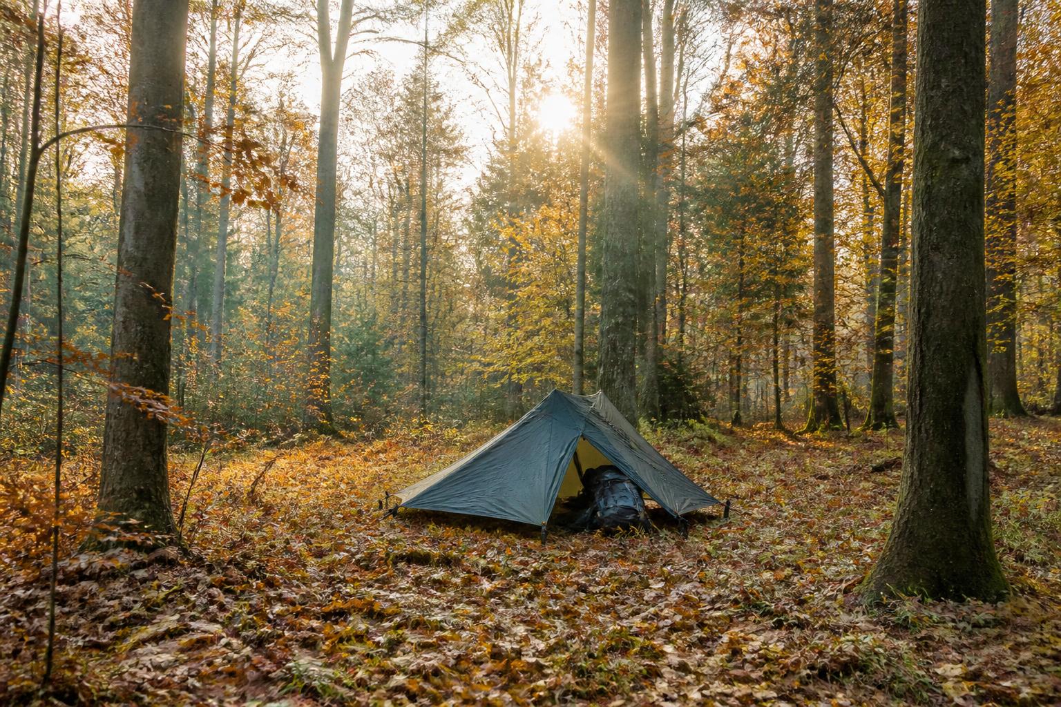 Petite tente de bivouac installée dans une forêt automnale française, entourée de feuilles mortes dorées et de troncs d'arbres, lumière matinale douce filtrant à travers la canopée
