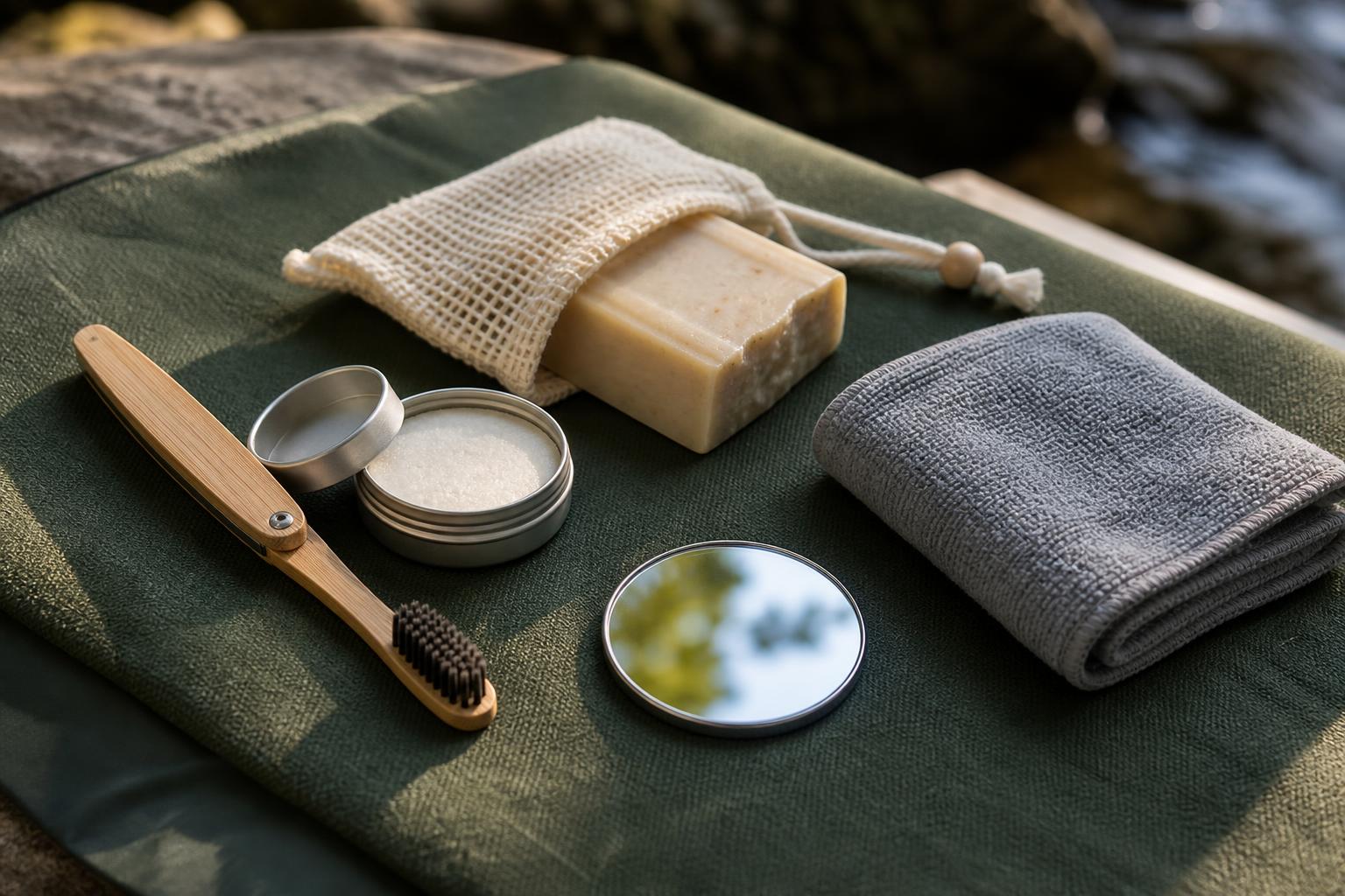 Trousse d'hygiène minimaliste pour le bivouac : brosse à dents en bambou, dentifrice solide, savon biodégradable dans un filet, serviette microfibre pliée