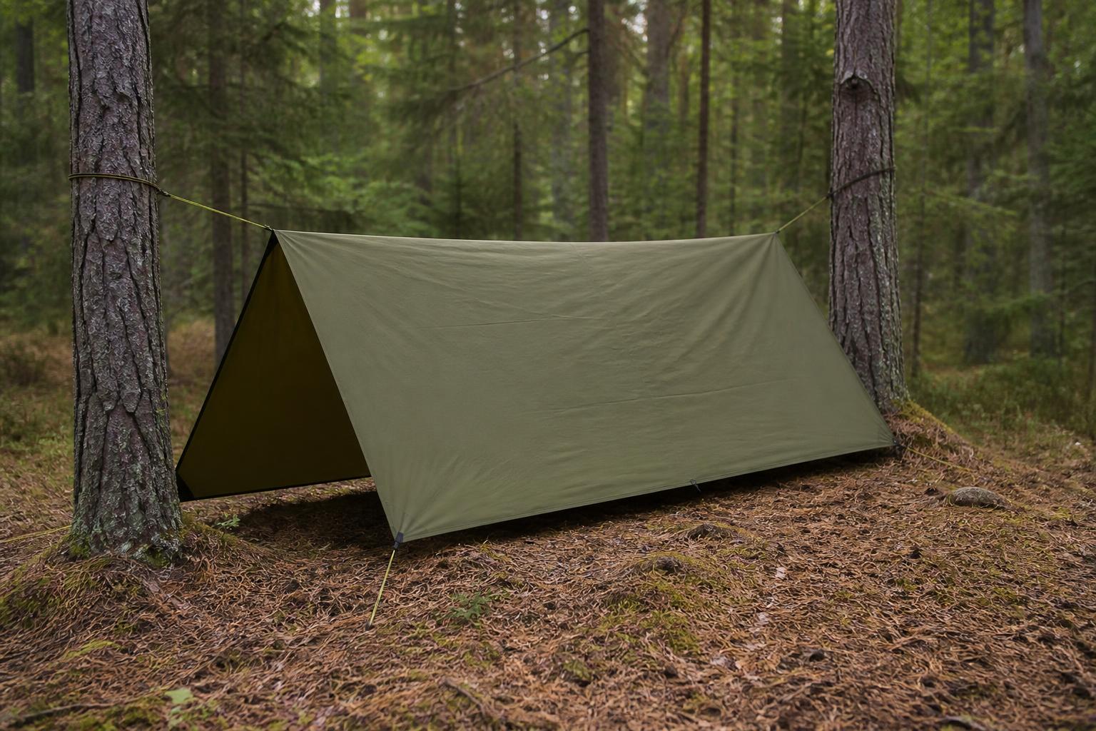 Tarp monté en configuration A fermé entre deux arbres : un côté entièrement clos par la toile repliée et sardée