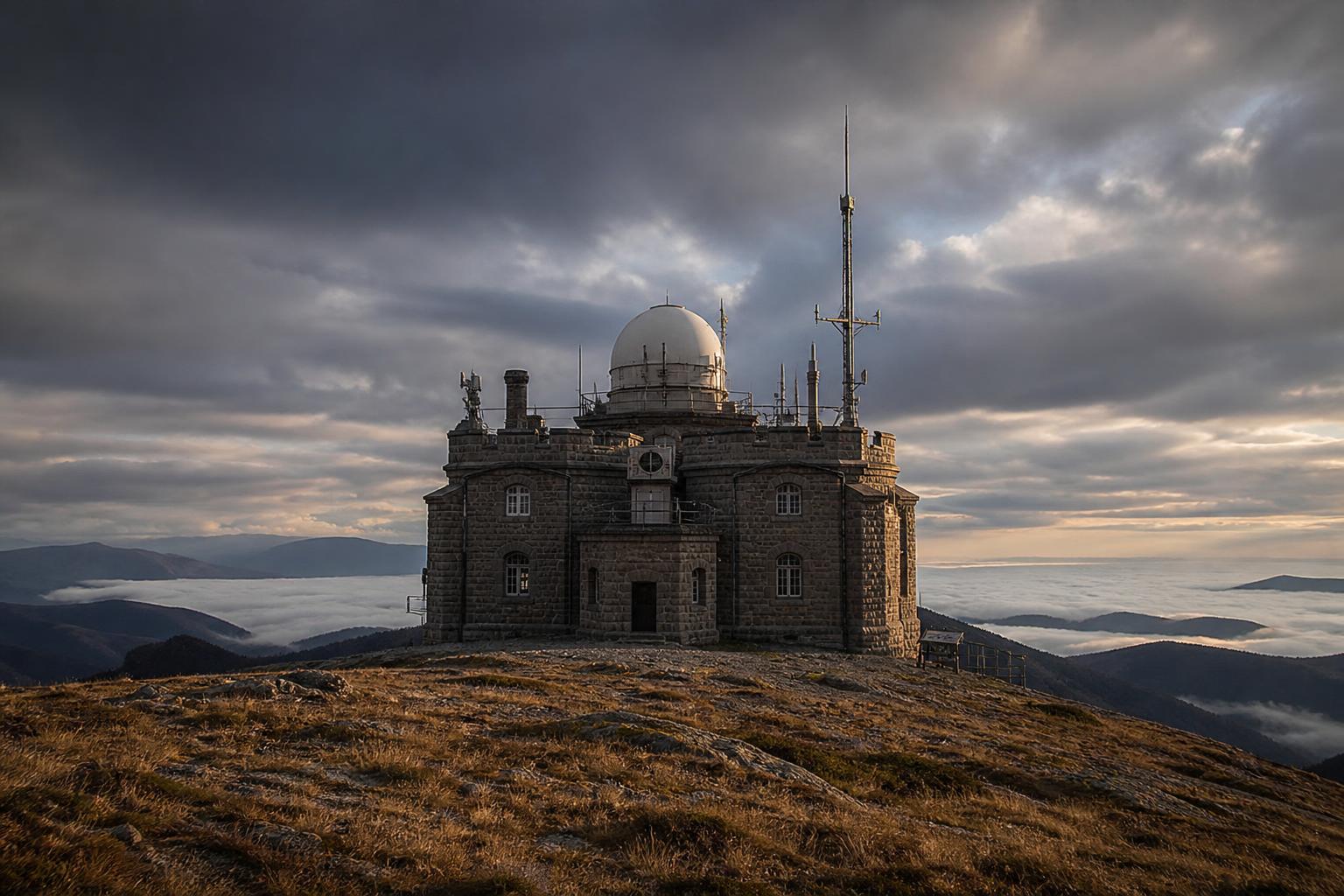 L'observatoire du mont Aigoual sous un ciel d'automne balayé de nuages, lande rase au premier plan, vallées en contrebas noyées de brume