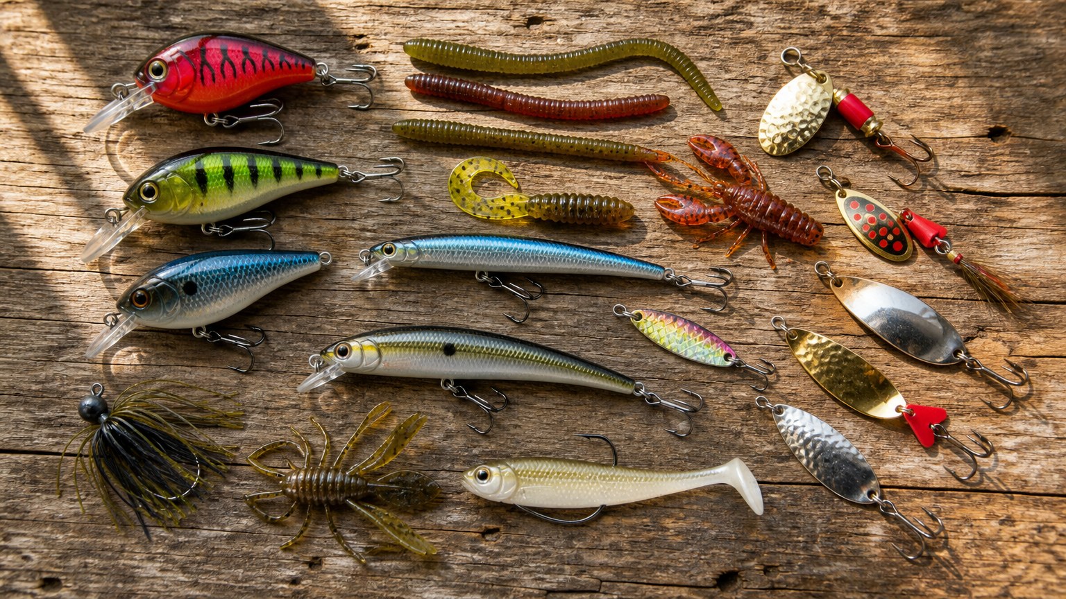 Collection d'appâts de pêche sur fond bois