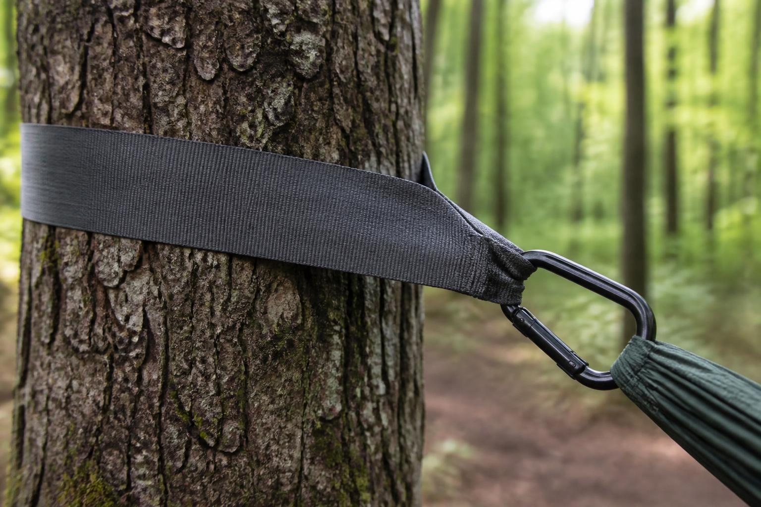 Sangle large enroulée autour d'un tronc d'arbre, fixée par un mousqueton au système de suspension du hamac