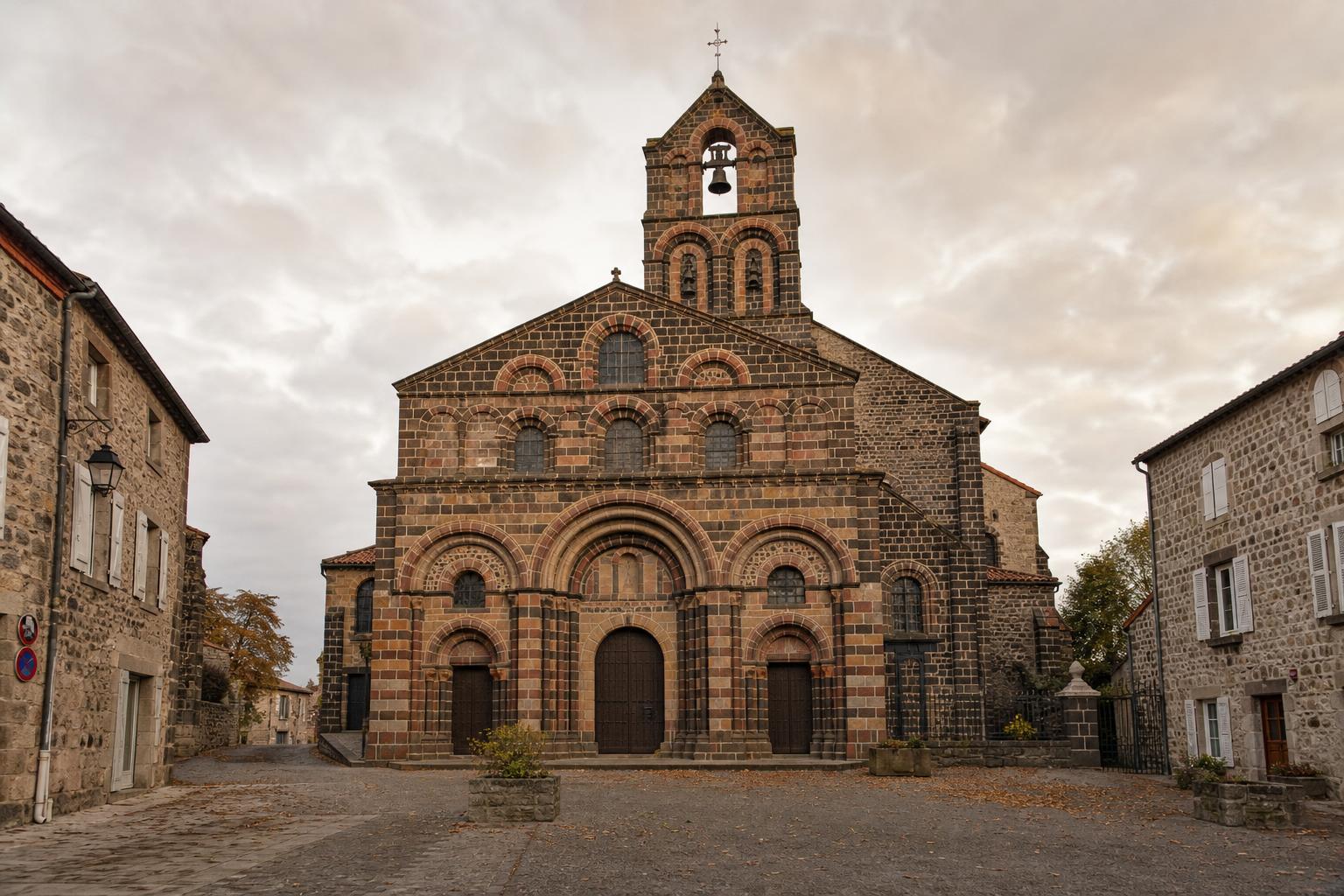Façade polychrome de l'abbatiale du Monastier-sur-Gazeille, assemblage de pierres noires de basalte, rouges d'arkose et blondes de lave, sous un ciel d'octobre gris et doux