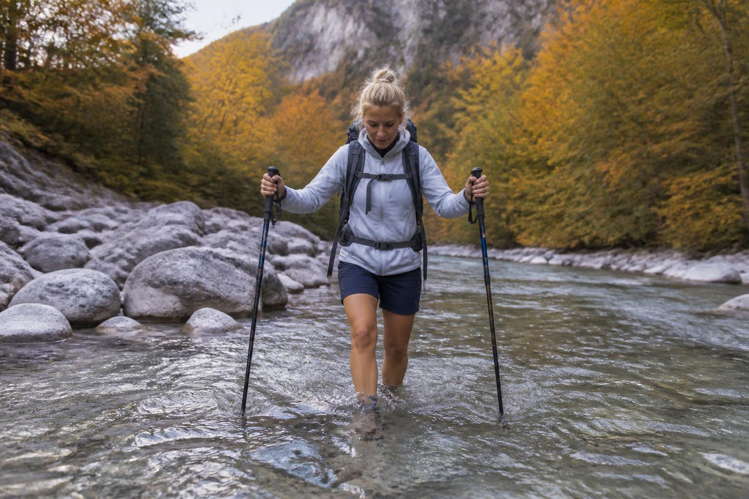 Randonneur traversant un ruisseau de montagne avec ses bâtons plantés dans l'eau, pieds sur un fond de graviers