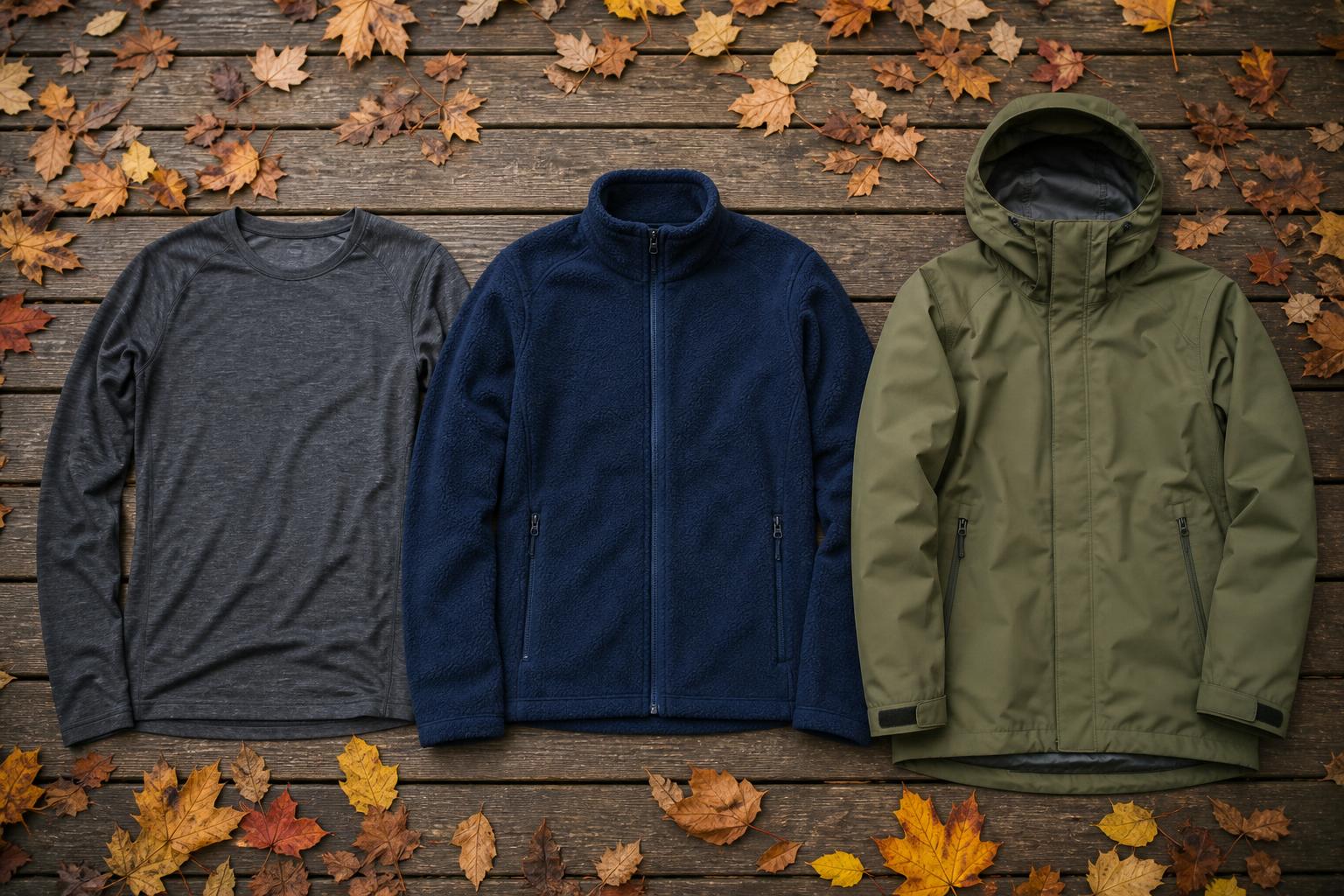 Trois couches de randonnée posées côte à côte sur un fond de feuilles d'automne : sous-vêtement mérinos, polaire et veste softshell