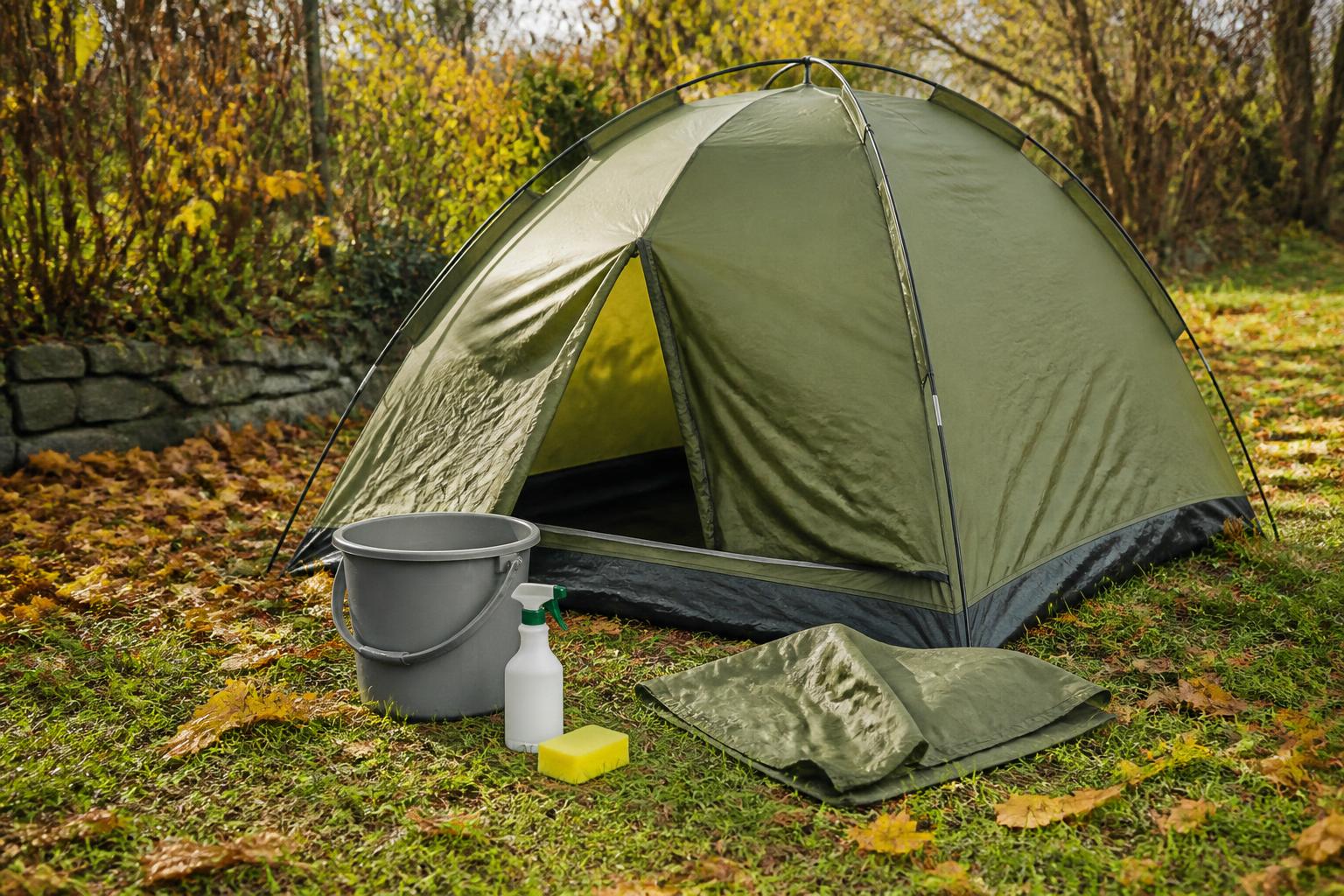 Application d'un spray imperméabilisant sur le double-toit d'une tente de camping montée dans un jardin en automne