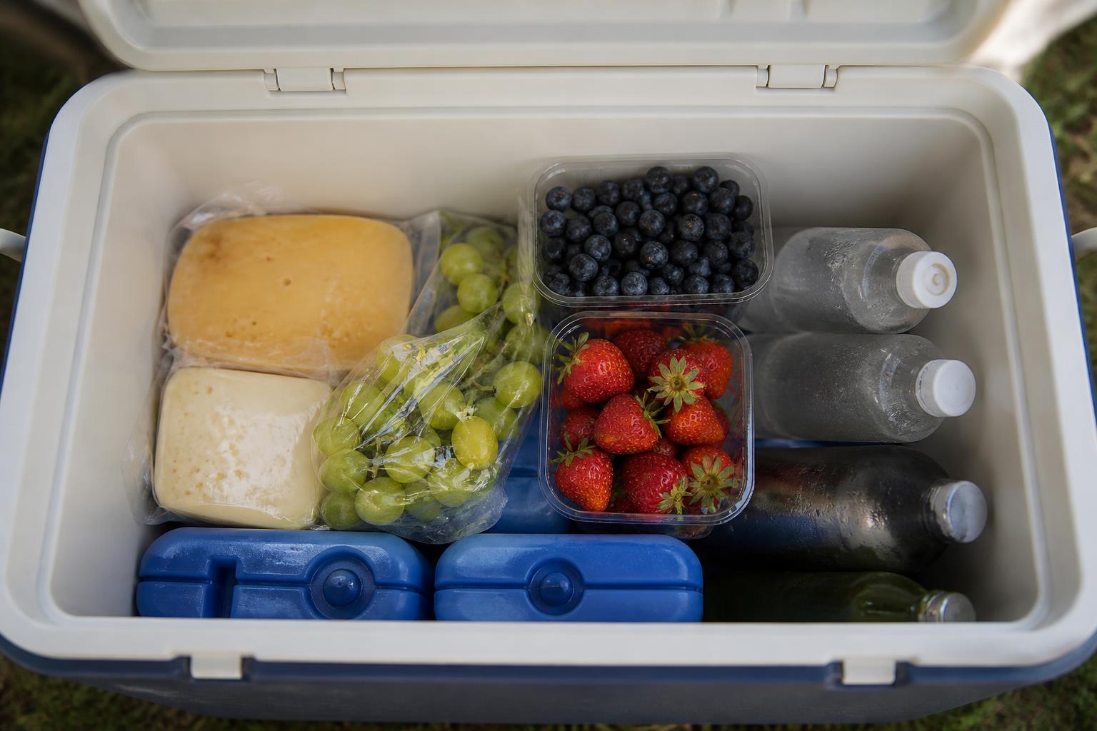 Intérieur d'une glacière de camping organisée avec pains de glace au fond et aliments rangés par couches