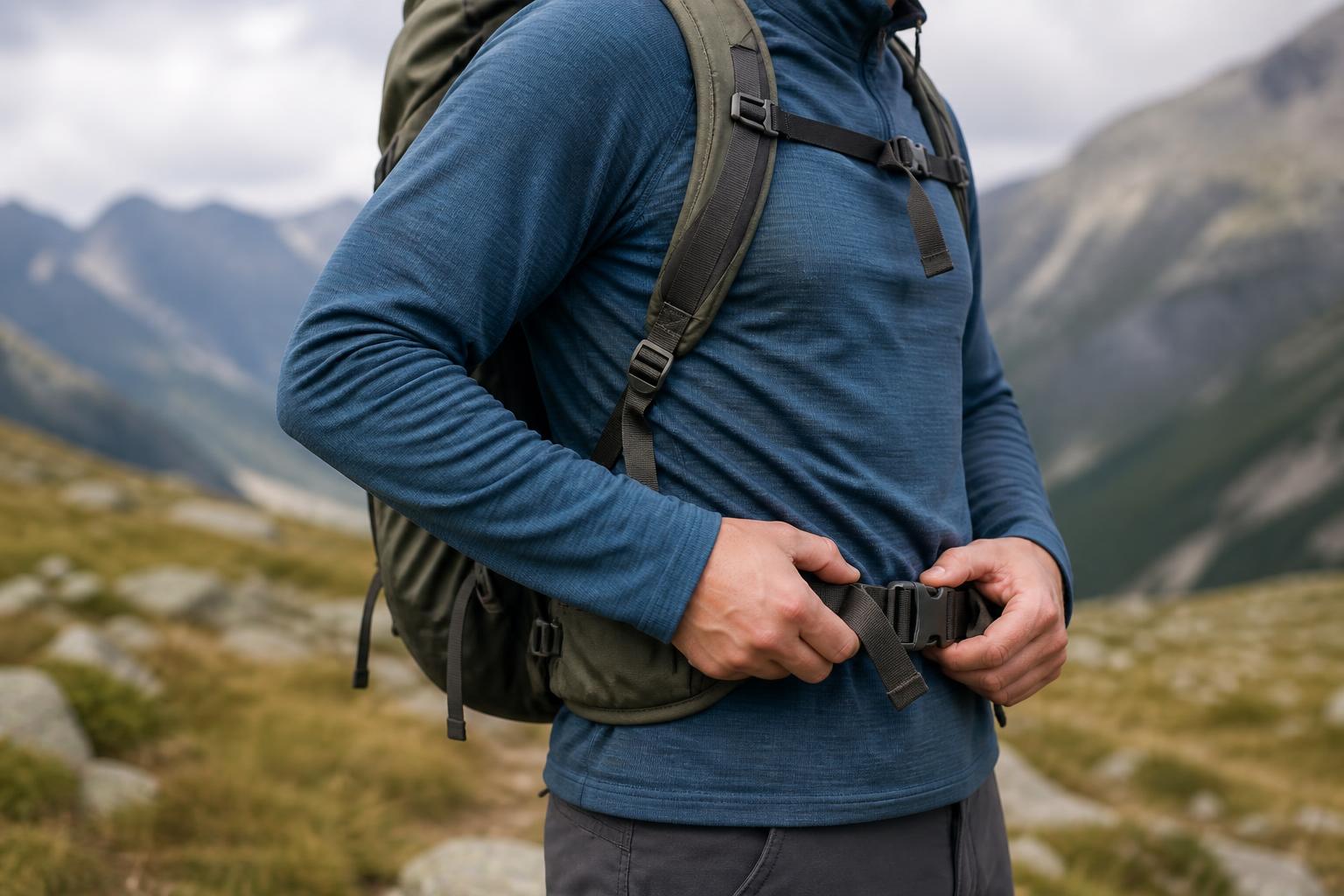 Randonneur ajustant la ceinture de hanches de son sac à dos, bretelles et sangle de poitrine visibles
